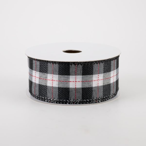 1.5  Black & White Buffalo Plaid Ribbon: Red Stitching (10 Yards) Online Sale