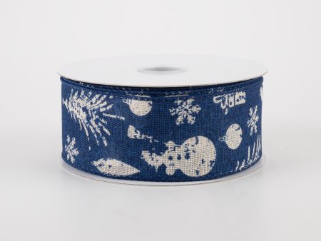 1.5  Canvas Ivory Stamped Christmas Icons Ribbon: Navy (10 Yards) Cheap