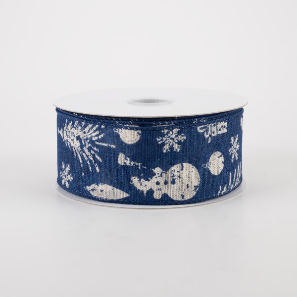 1.5  Canvas Ivory Stamped Christmas Icons Ribbon: Navy (10 Yards) Cheap