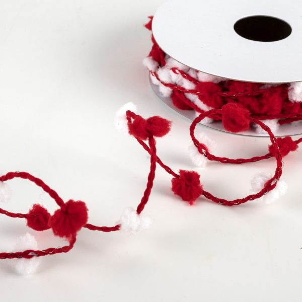 3 8  Wired Pom Pom Ribbon: Red & White (10 Yards) Online