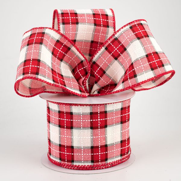 2.5  Windowpane Plaid Ribbon: Red, Ivory, Black (10 Yards) on Sale