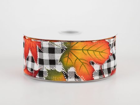 1.5  Black & White Plaid Early Fall Leaves Ribbon (10 Yards) For Sale