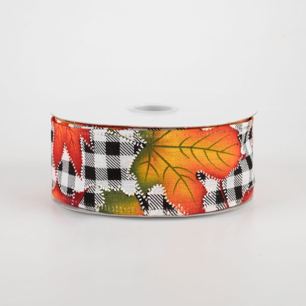 1.5  Black & White Plaid Early Fall Leaves Ribbon (10 Yards) For Sale