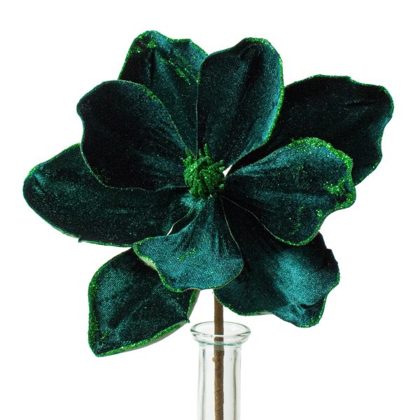 10  Velvet & Glitter Magnolia Spray: Dark Green on Sale