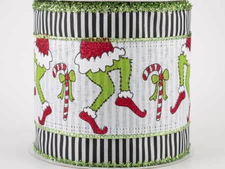 4  Green Monster Legs Ribbon With Black White Striped Edge (10 Yards) For Cheap