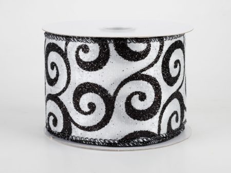 2.5  Ultra Glitter Swirls Ribbon: Black & White (10 Yards) For Sale